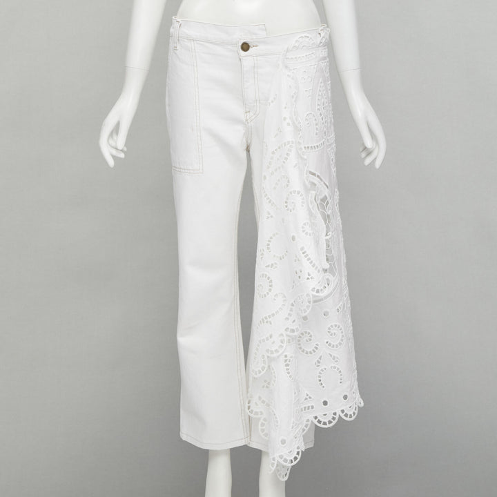MONSE white denim cotton embroidery anglais draped trim straight leg jeans US2 S