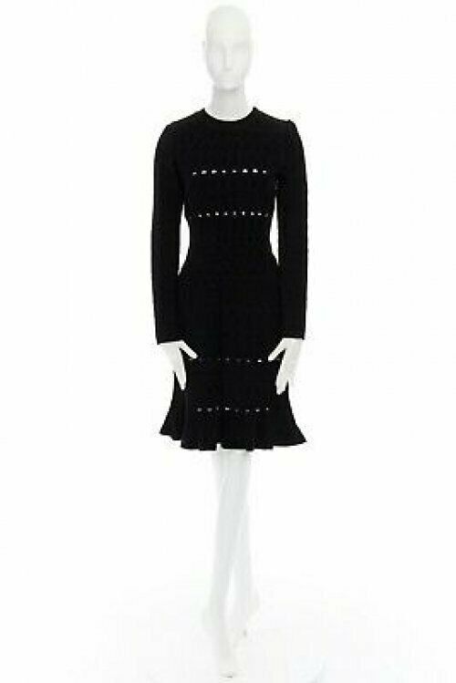 ALAIA black textured chenille cutout fluted hem bodycon dress US8 UK12 IT44 FR40