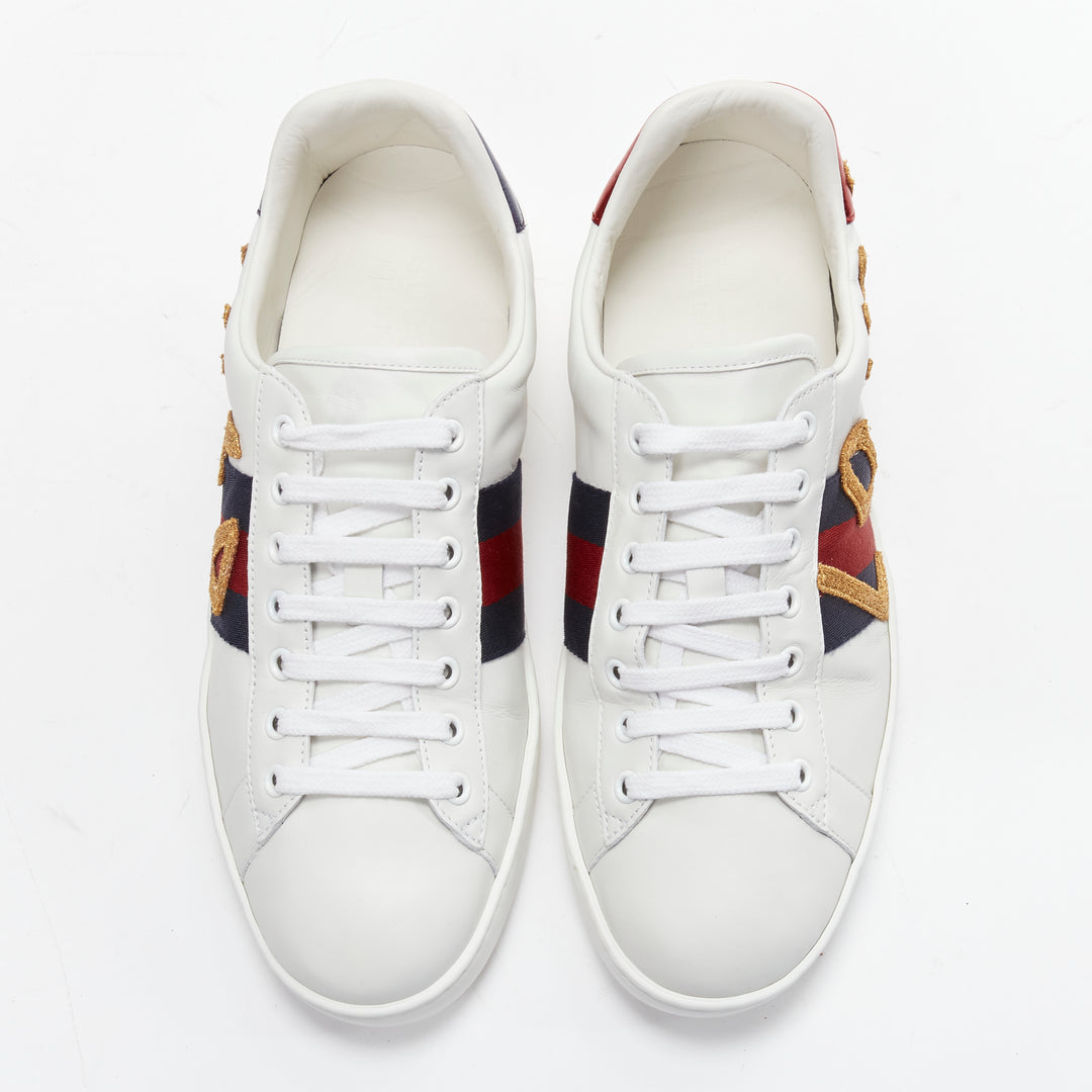 GUCCI Ace Loved gold embroidered blue red web leather sneakers UK8.5 EU42.5