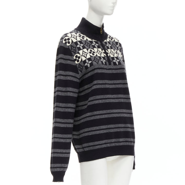 LOUIS VUITTON 100% wool LV floral motive stripe turtle neck knit sweater M