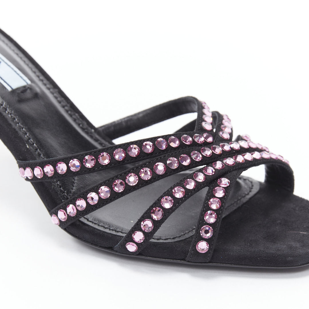 PRADA 2019 pink crystal rhinestone strappy open toe mid heel sandal EU36