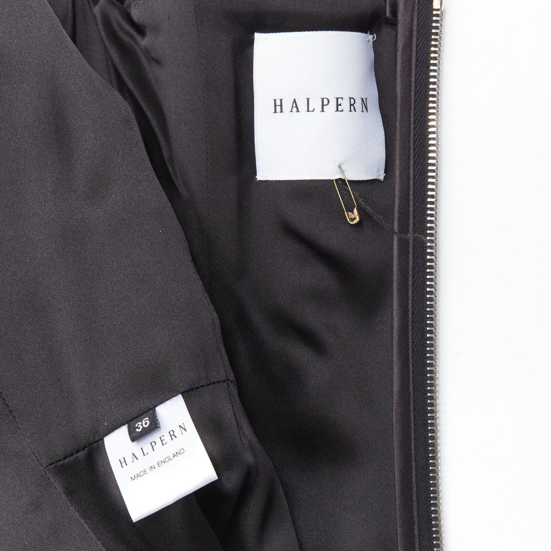 HALPERN black satin asymmetric draped bustier bodice mini dress FR36 XS