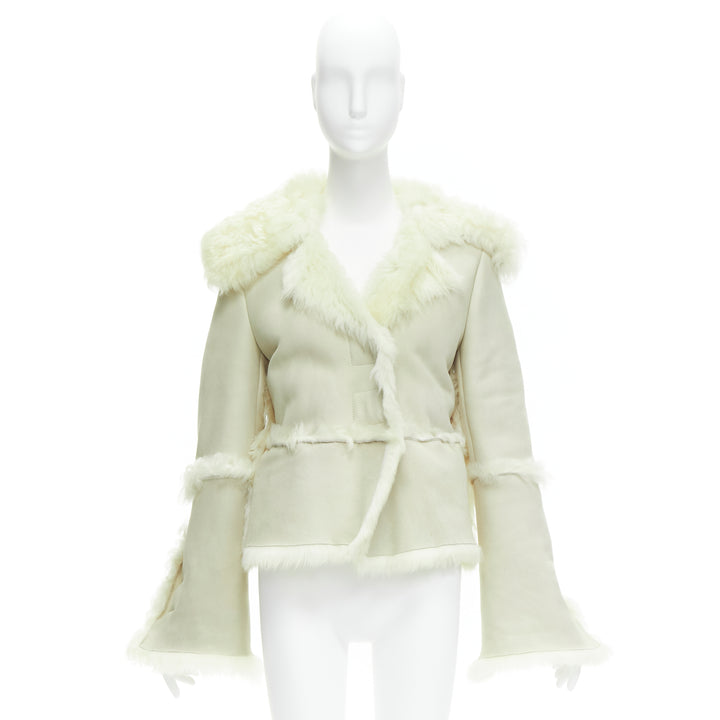 GUCCI Tom Ford cream shearling fur lined suede flared sleeve coat IT38 XS
