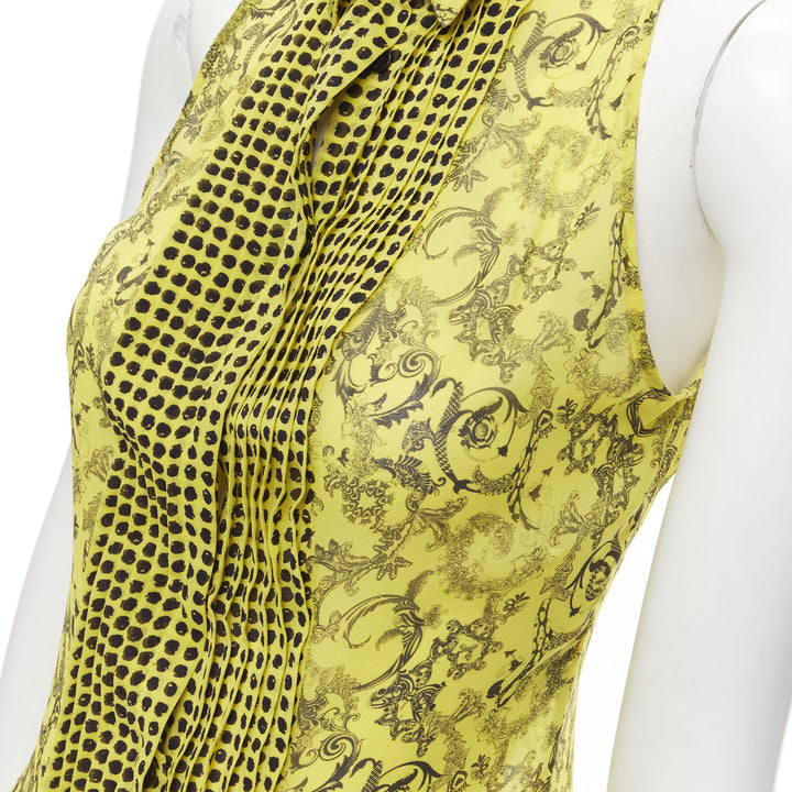 VERSACE yellow silk Baroque print dot pleated collar sleeveless shirt IT40 S