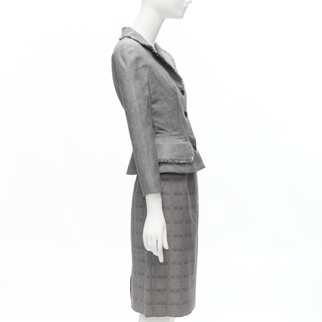 CHRISTIAN DIOR John Galliano Vintage grey houndstooth bar jacket skirt FR36 S