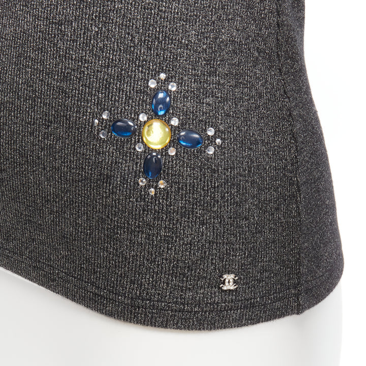 CHANEL silver tone CC logo colorful gems Byzantine Cross embellished top FR36 S