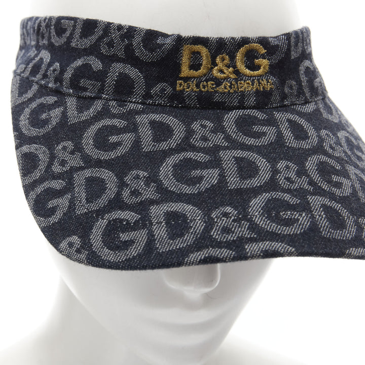 vintage DOLCE GABBANA blue D&G logo denim jacquard gold embroidery visor hat XS