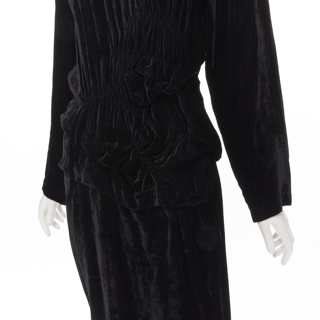COMME DES GARCONS 1980's Vintage black velvet irregular shirred midi dress M