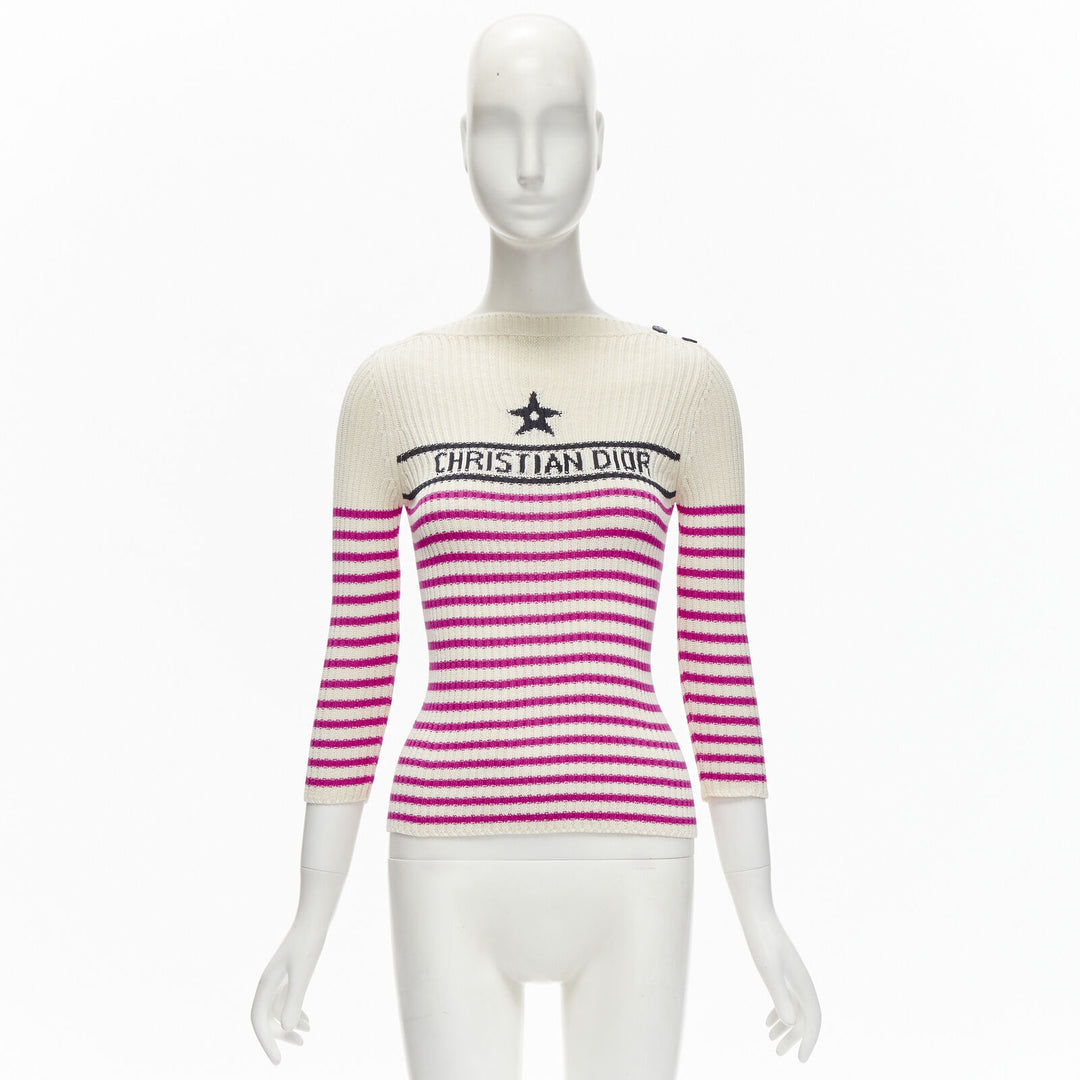 CHRISTIAN DIOR 2022 Mariniere pink nautical sailor stripe logo ribbed top FR34