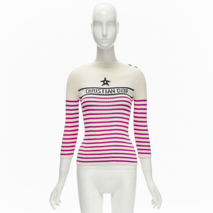 CHRISTIAN DIOR 2022 Mariniere pink nautical sailor stripe logo ribbed top FR34