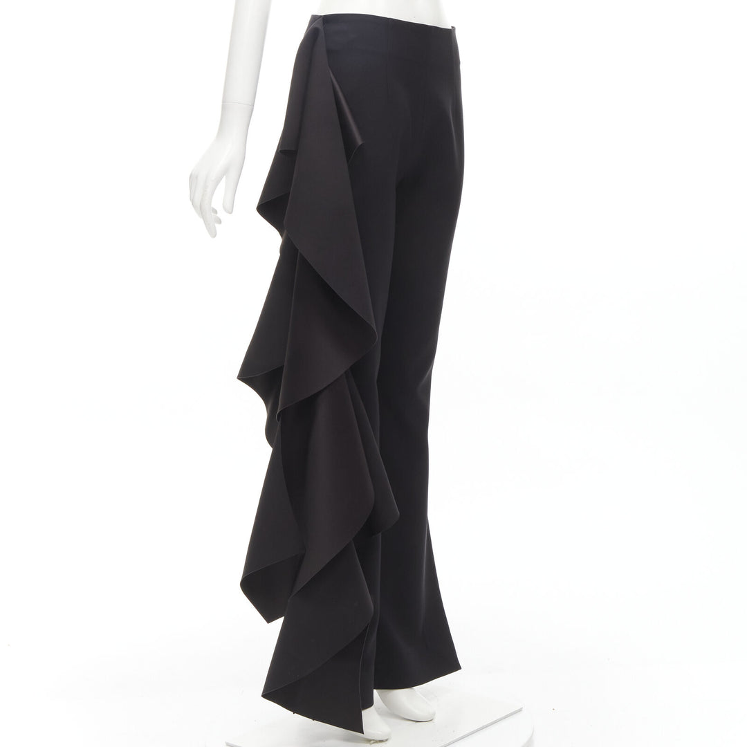 SOLACE black cascade ruffle draped flared trousers pants UK10 US6 M