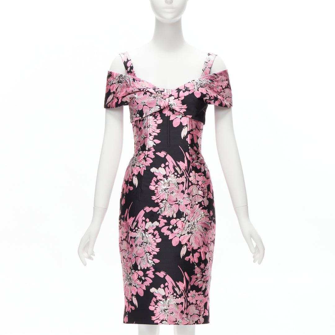 DOLCE GABBANA black pink floral jacquard off shoulder corsetted dress IT36 XXS