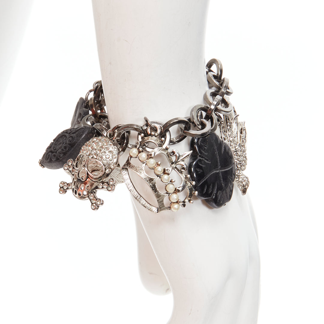 GRAZIANO black silver clover skull crown punk rock chain charm bracelet