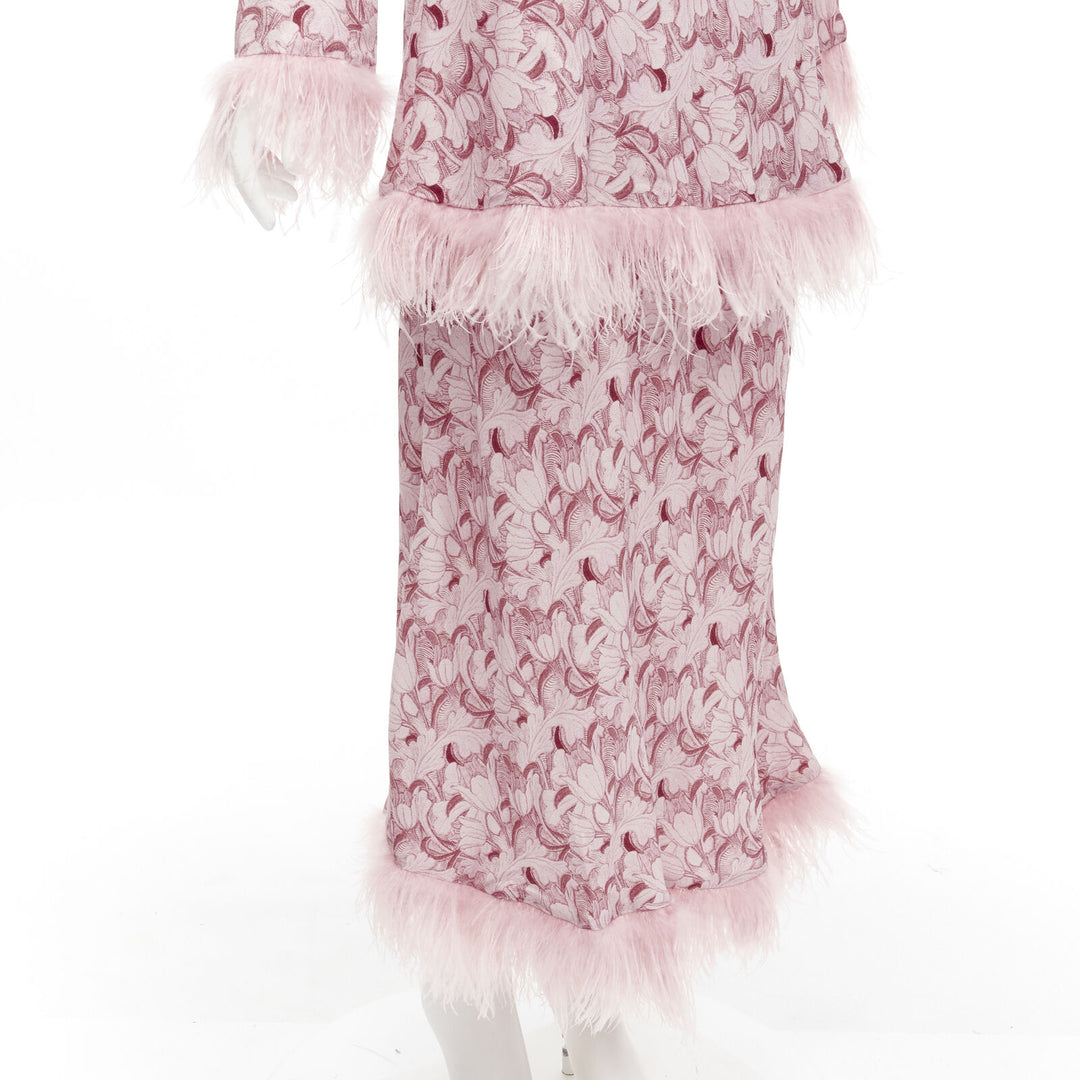 ROWEN ROSE pink Art Deco floral ostrich feather trim tiered midi dress FR34 XS