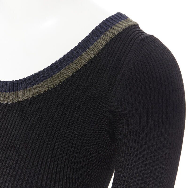 PRADA black viscose ribbed knit scoop neck web rimmed short sleeve top IT40 S