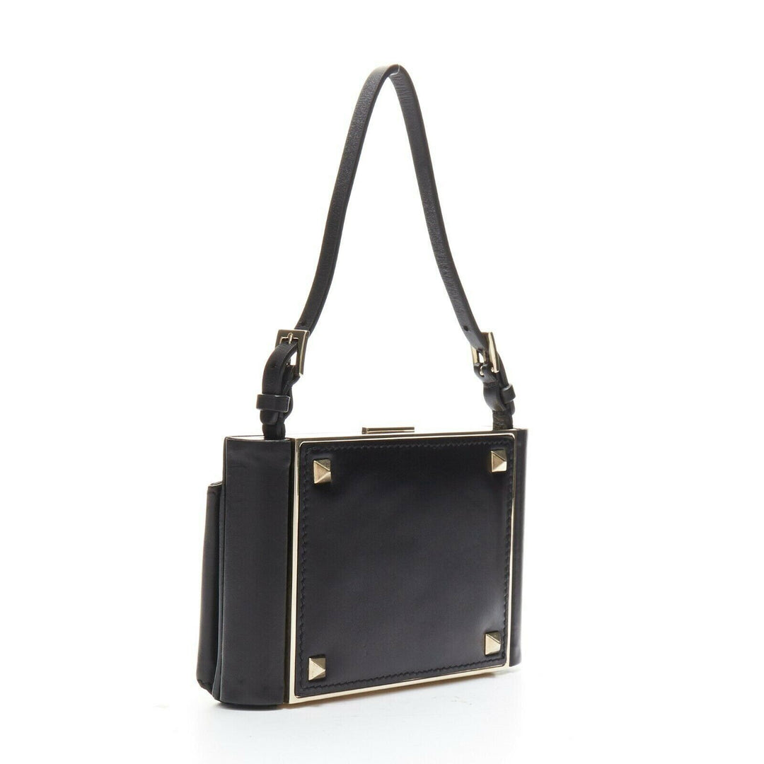 VALENTINO black leather gold rockstud metal frame miniaudiere clasp clutch bag