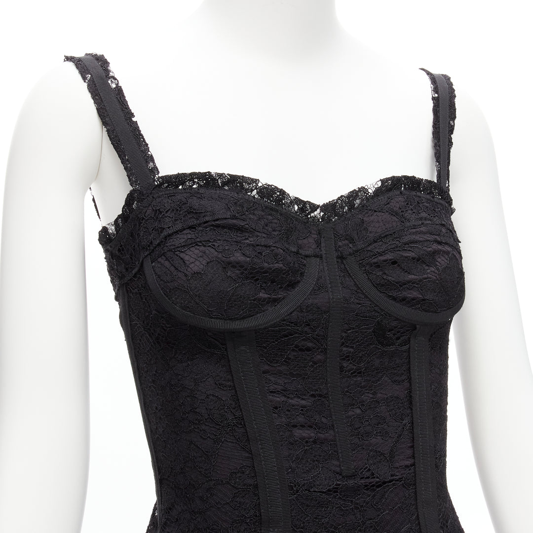 DOLCE GABBANA black lace bustier corset exposed boning cocktail dress IT36 XXS