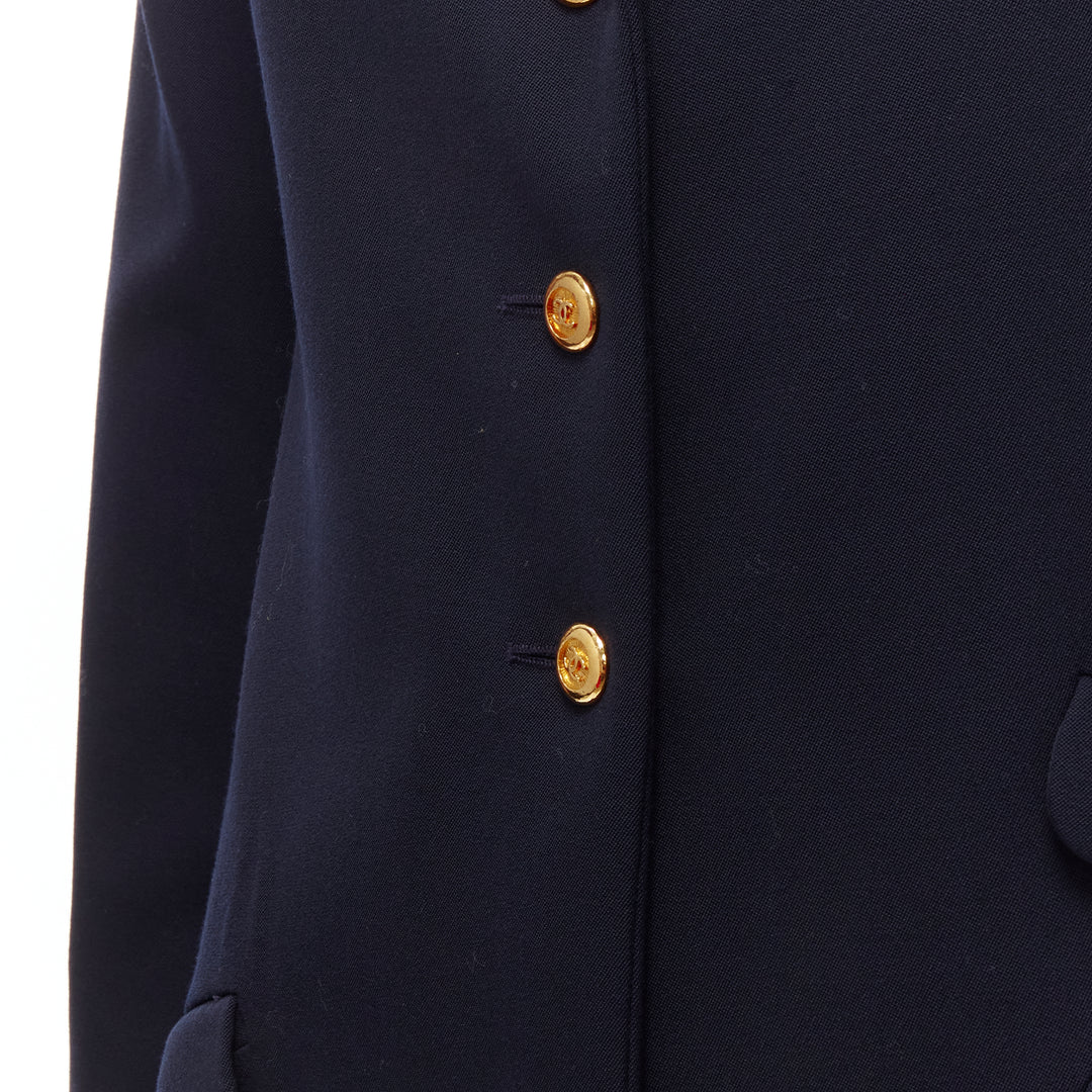 CHANEL navy gold CC buttons flap pockets military blazer jacket FR38 M