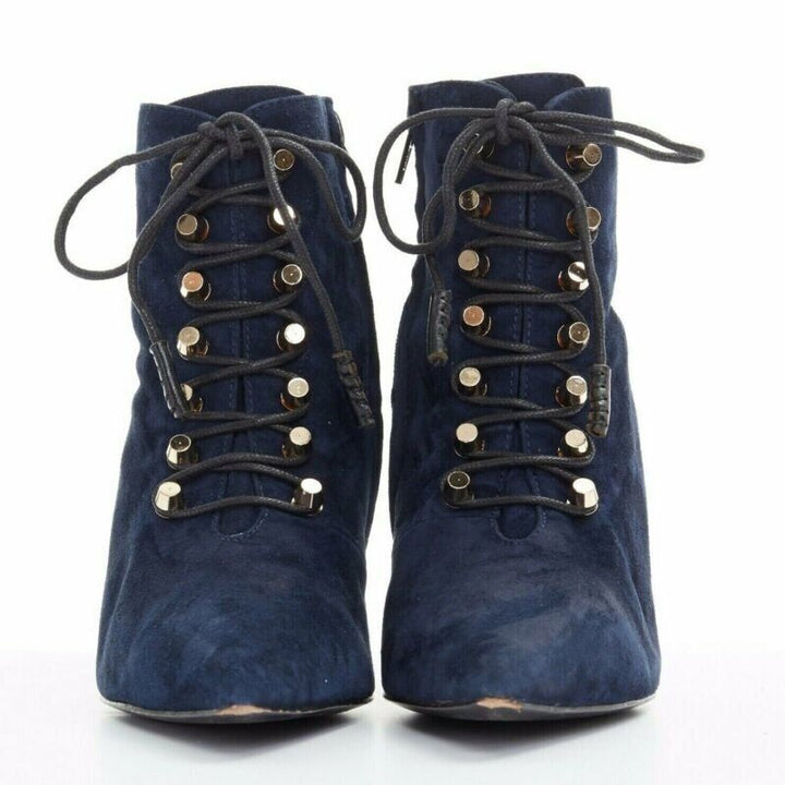 BALENCIAGA navy blue suede gold-tone stud lace up point toe bootie EU37 US7