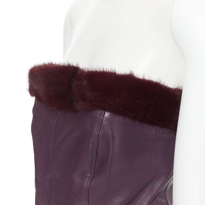 vintage Runway GIANNI VERSACE 1997 purple leather fur strapless mini dress IT40