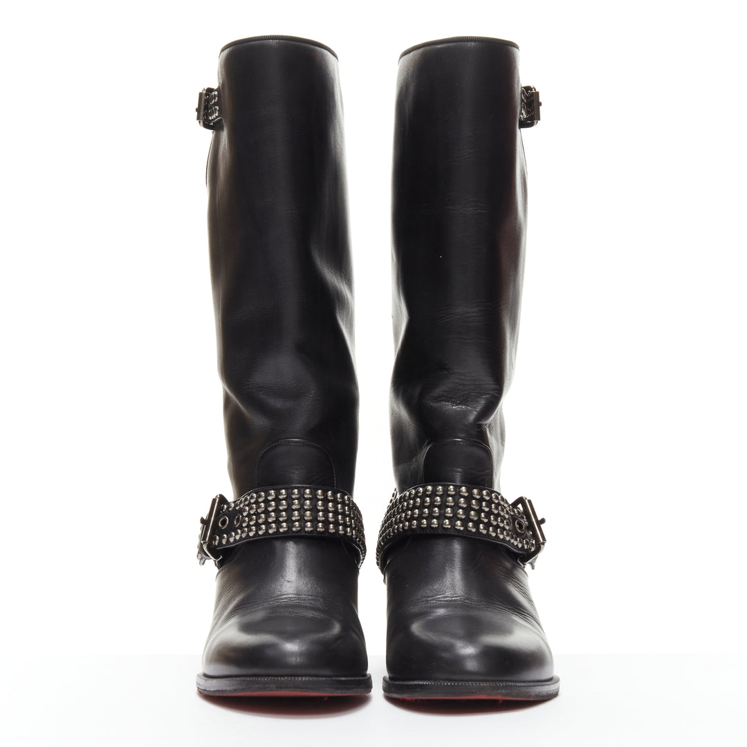 CHRISTIAN LOUBOUTIN Bicloubutu black spike studded buckle wedge boots EU37.5