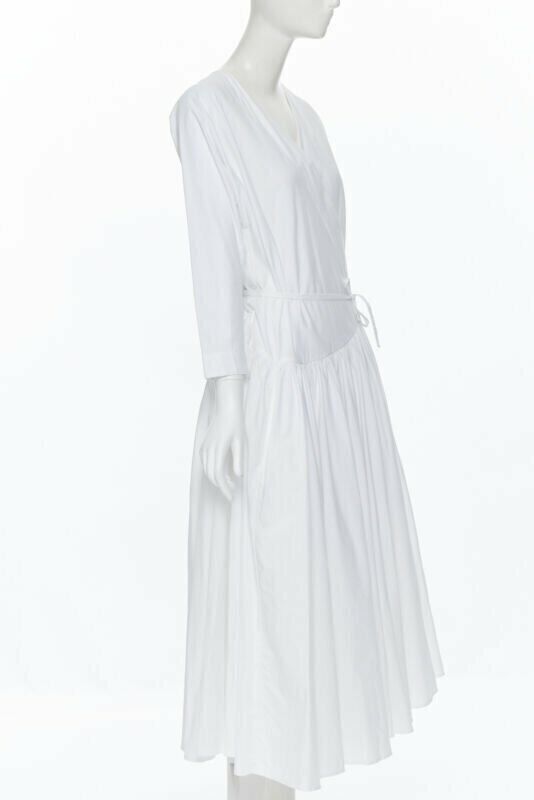 ROSETTA GETTY white cotton wrap front self tie flared casual midi day dress XS