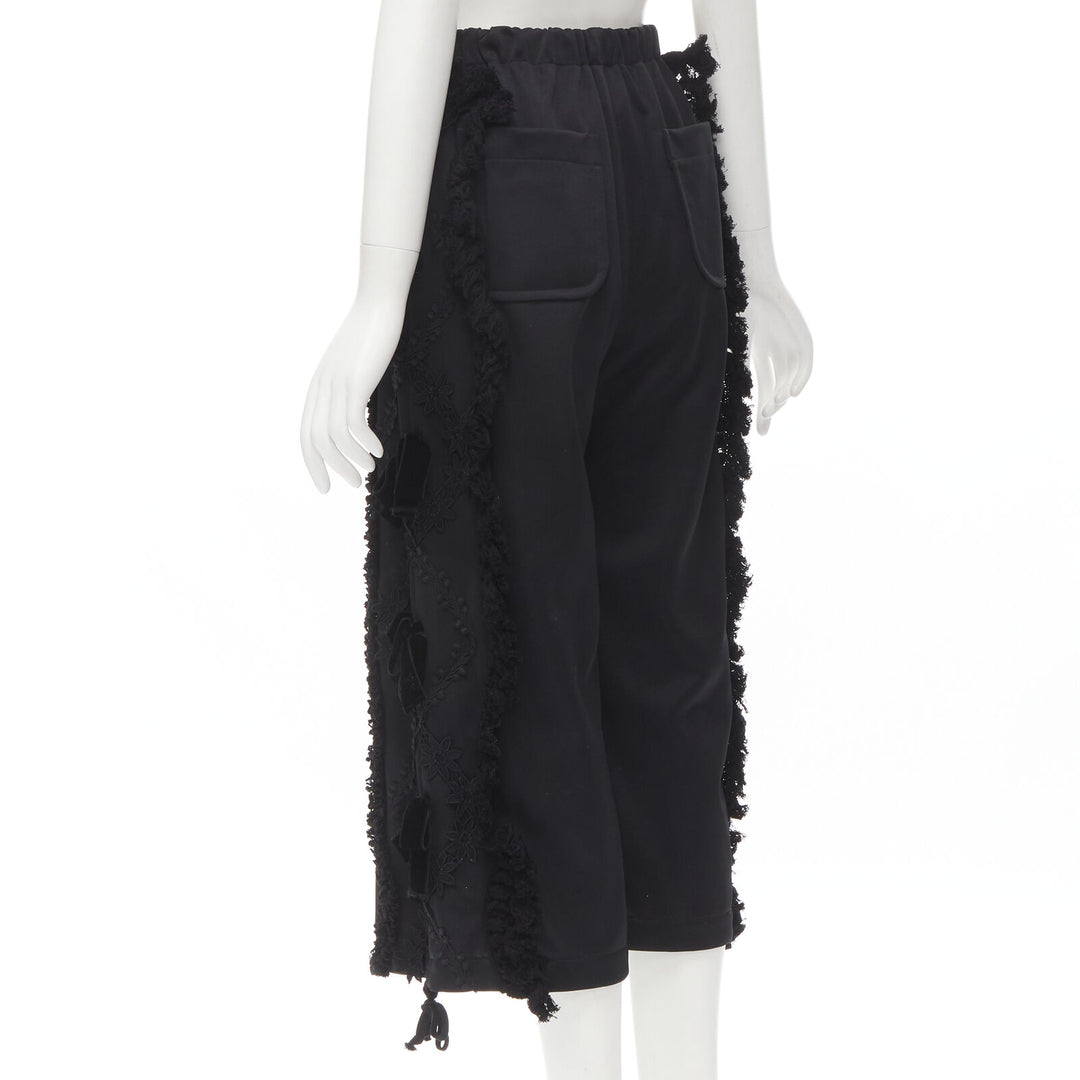 TRICOT COMME DES GARCONS black ruffle floral velvet ribbon trim wide pants S