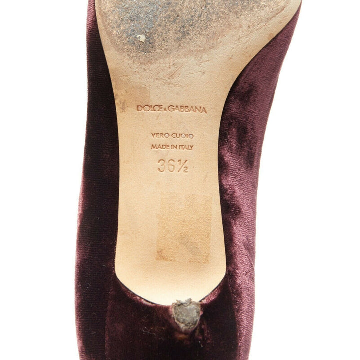 DOLCE GABBANA embellished purple velvet crystal toe kitten heel pumps EU36.5