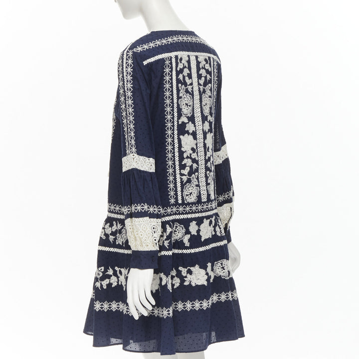 TORY BURCH navy blue white floral embroidery flared skirt boho dress S