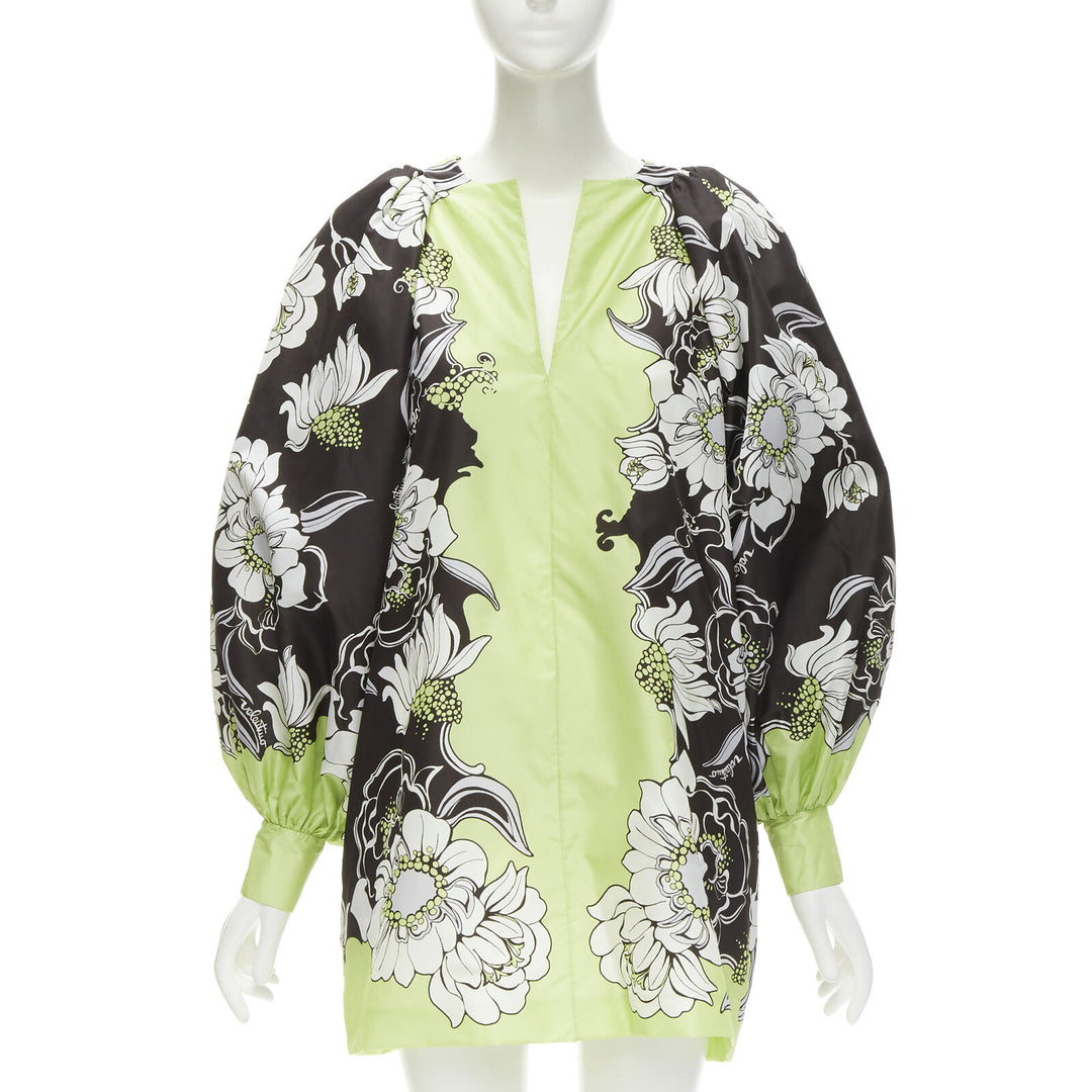 VALENTINO 2022 100% silk green brown floral print puff sleeve short dress IT38 S