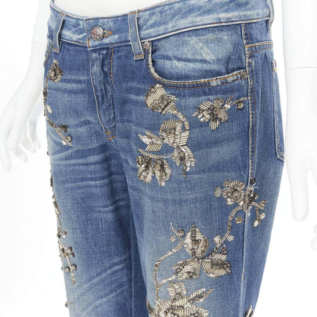 ROBERTO CAVALLI silver bead crystal floral embellished boot cut jeans IT42 M