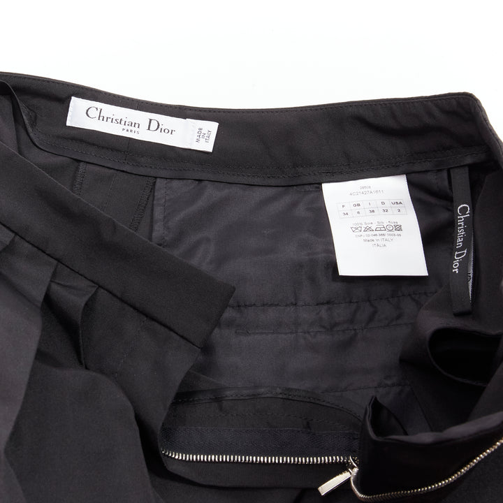 CHRISTIAN DIOR Raf Simons black silk asymmetrical pleated flared shorts FR34 XS