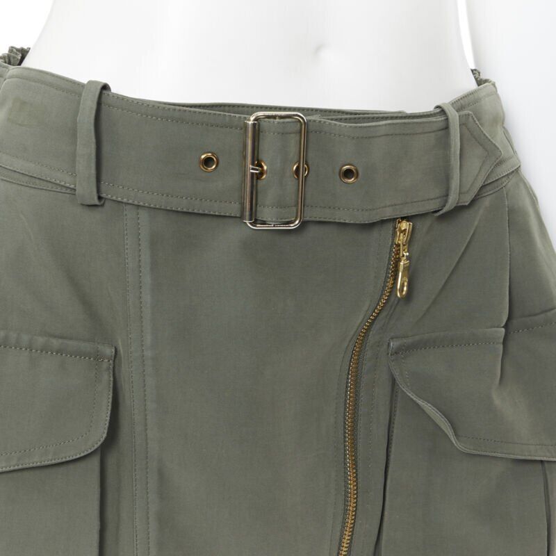 KENZO military khaki green cotton dual pockets belted elasticated skirt Fr38