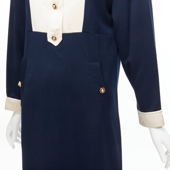 CHANEL Vintage gold pearl button cream navy two tone wool silk dress FR36 S