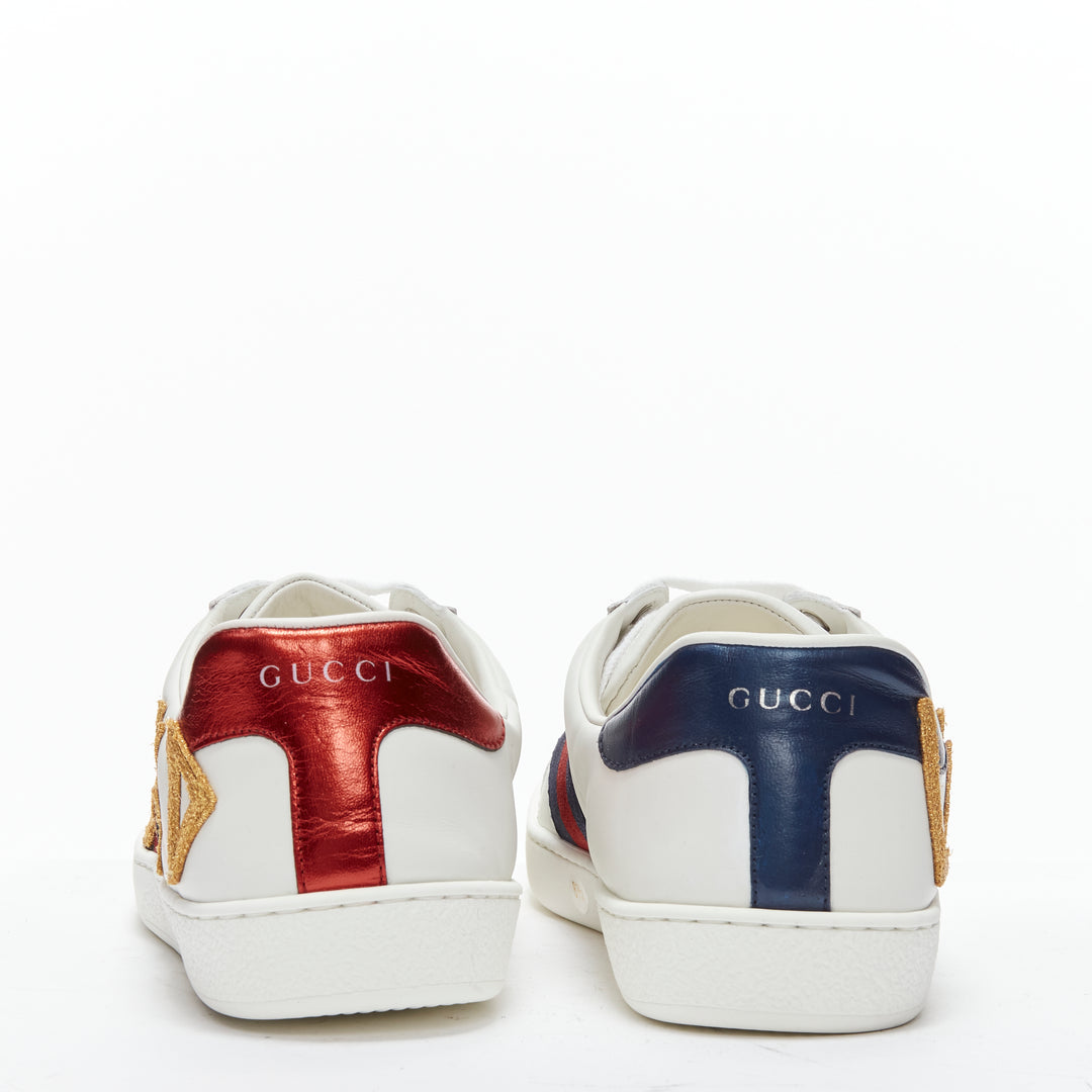GUCCI Ace Loved gold embroidered blue red web leather sneakers UK8.5 EU42.5