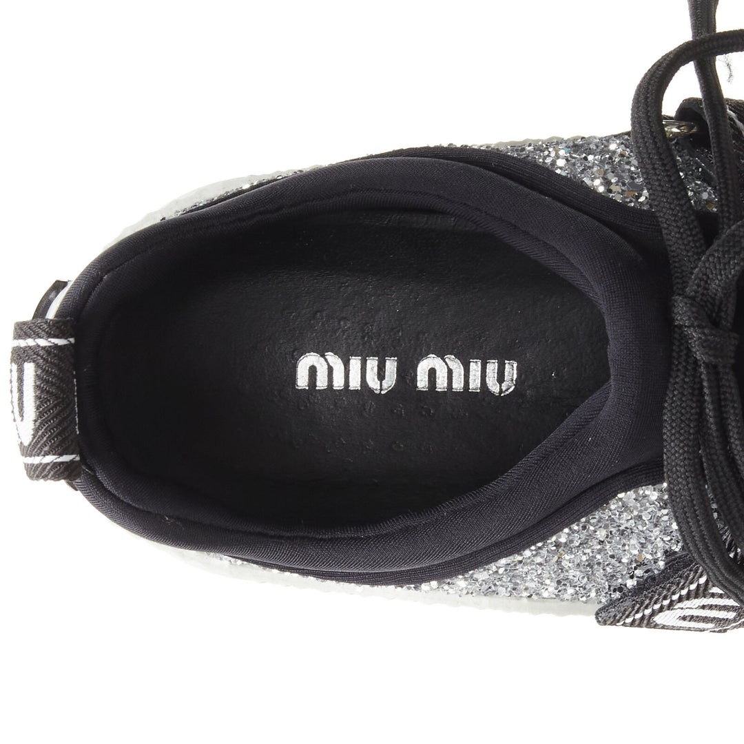 MIU MIU silver glitter logo strap low top runner sneaker EU36