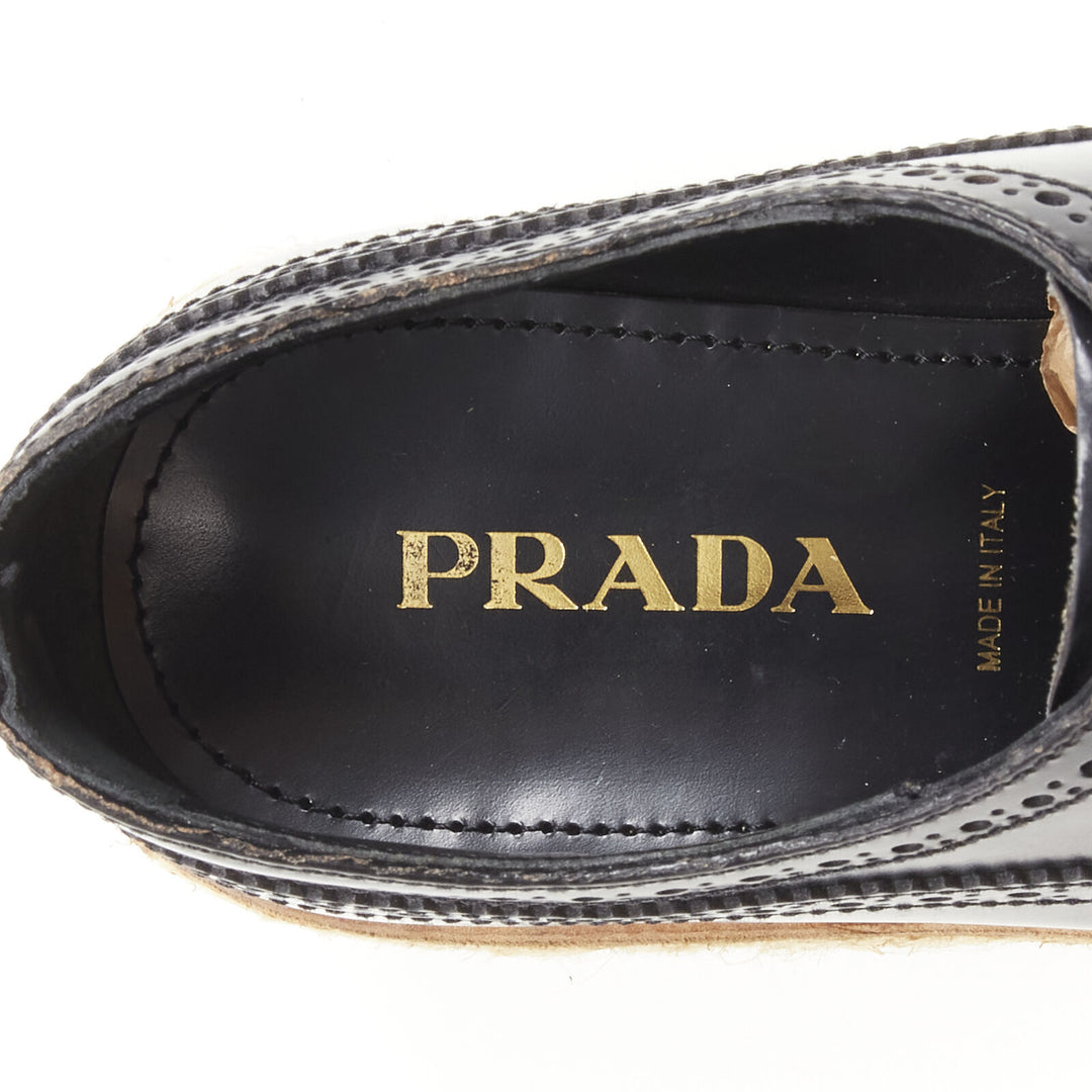 PRADA black perforated leather jute espadrille platform brogue EU36.5