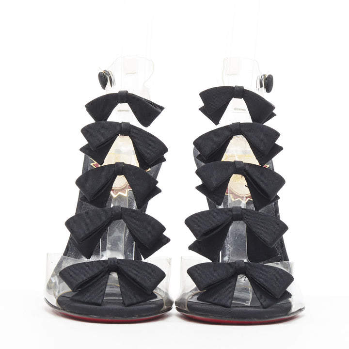 CHRISTIAN LOUBOUTIN Bow Bow black grosgrain ribbon PVC t-strap sandal heels EU36
