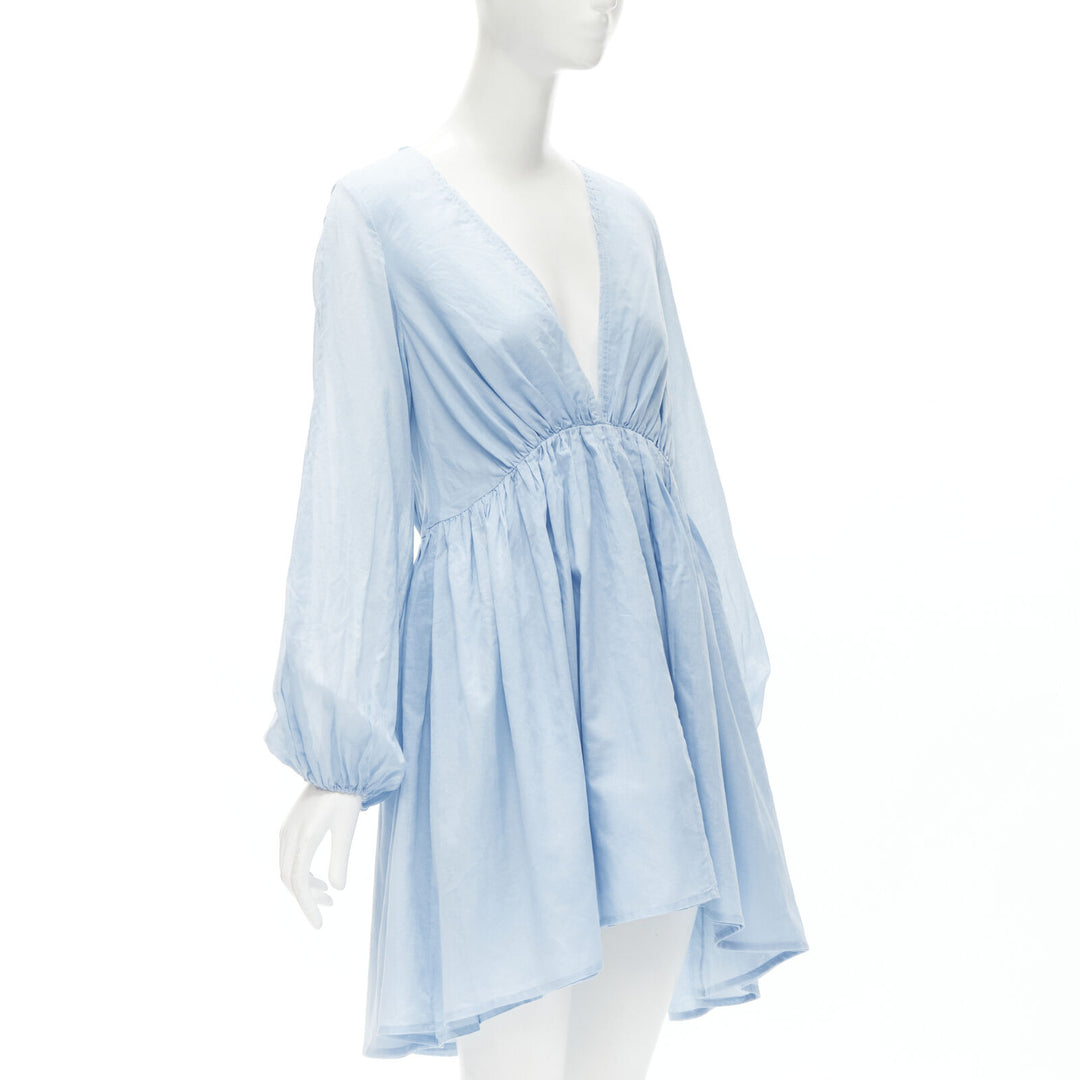 KALITA 100% cotton sky blue plunge neck bell sleeve short dress S/M