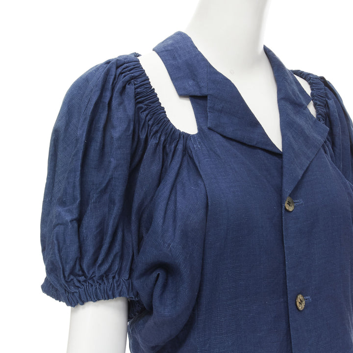 vintage COMME DES GARCONS 1989 blue linen ruched sleeve cut out top shorts set M