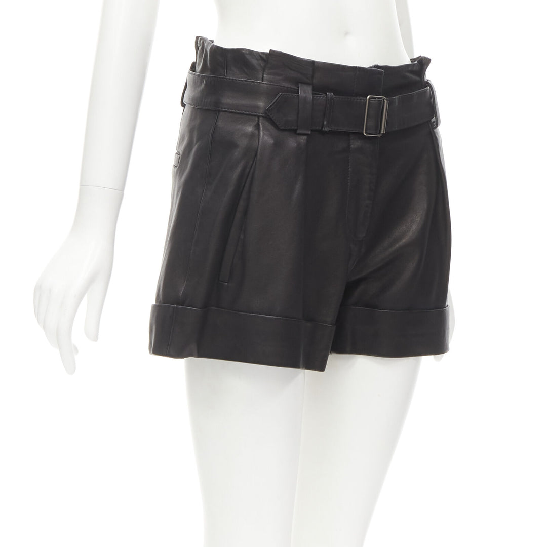 THEORY black leather belted paperbag waist wide cuffed shorts US0 XS