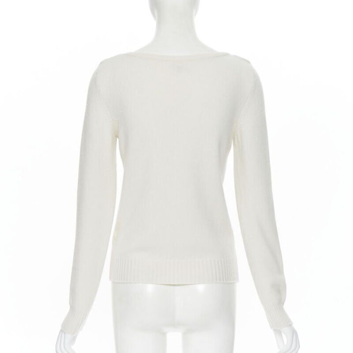 HERMES 100% cashmere ivory beige ribbed panel silver H charm sweater FR34 XS