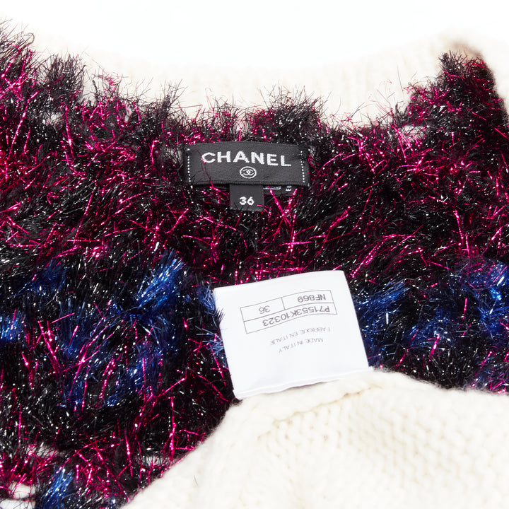 CHANEL pink blue fluffy lurex cream intarsia crystal CC button cardigan FR36 S