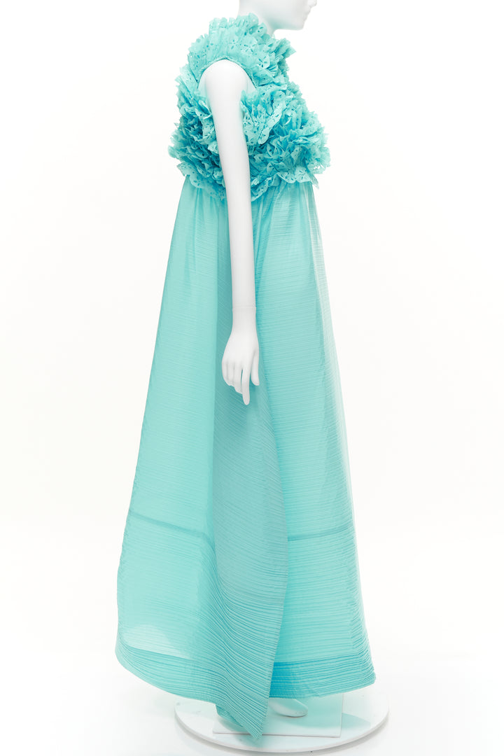 rare ISSEY MIYAKE sky blue laser cut ruffle high neck evening gown dress M