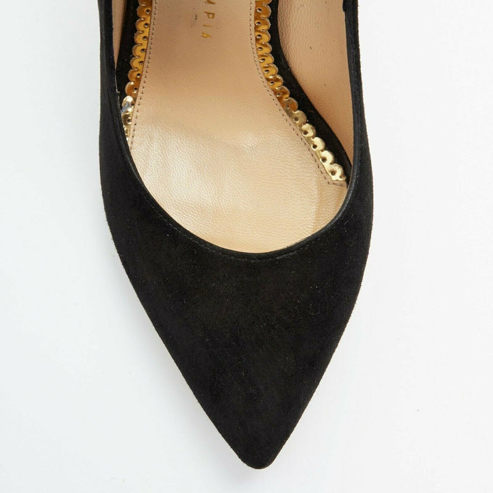 CHARLOTTE OLYMPIA black suede point toe spider embroidered chunky high heel EU35
