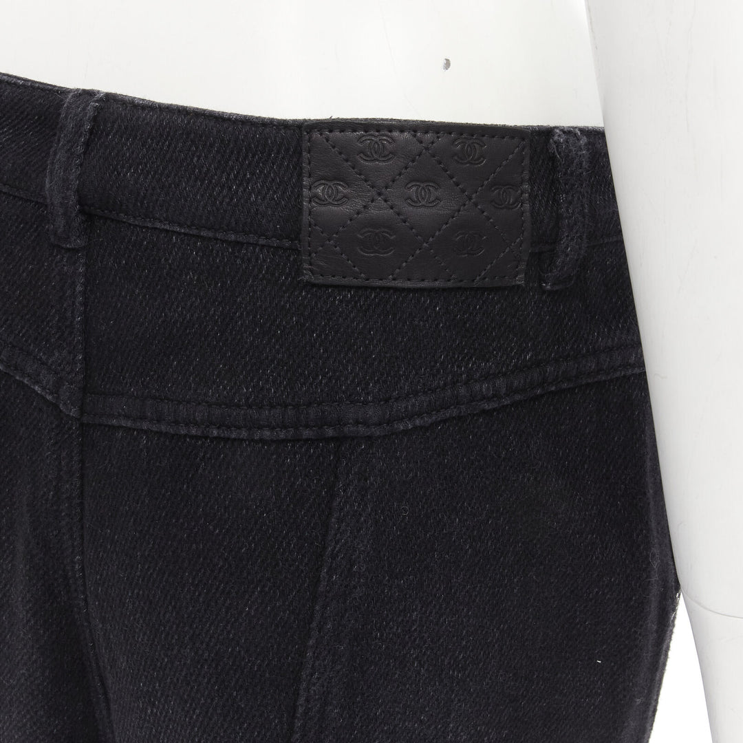 CHANEL 100% cotton black CC chain buckle belt wide leg bell bottom pants FR38 M