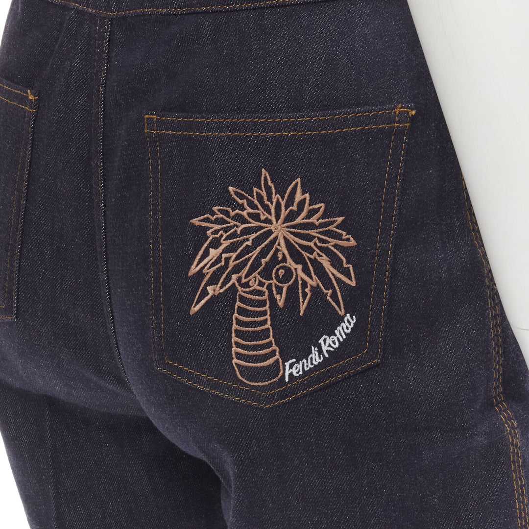 FENDI ROMA palm tree embroidered pocket dark blue denim shorts S