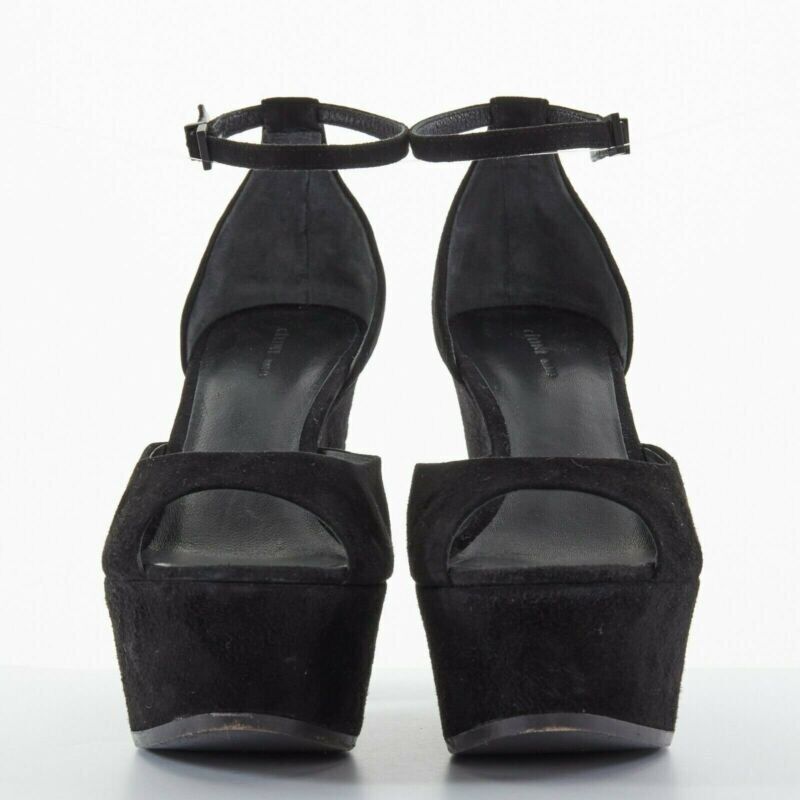 CELINE PHOEBE PHILO black suede cut out platform wedge ankle cuff heels EU36 US6