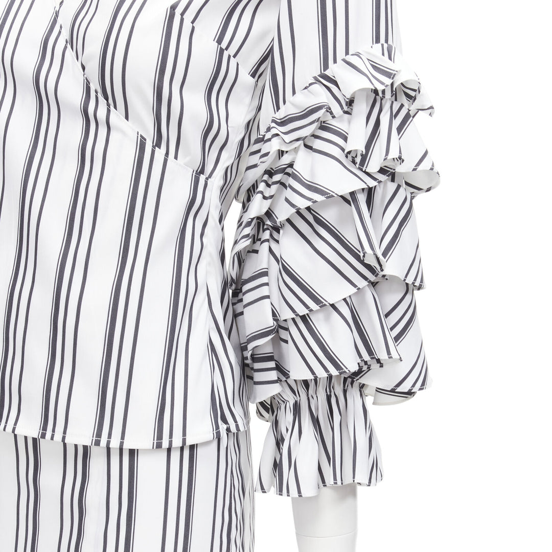 CAROLINE CONSTAS black white ruffled stripes wrap top high low skirt set XS