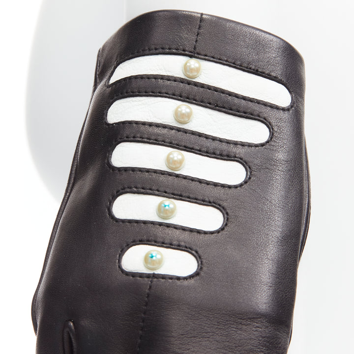 CHANEL Karl Lagerfeld white pearl graphic stripes fingerless gloves US7.5